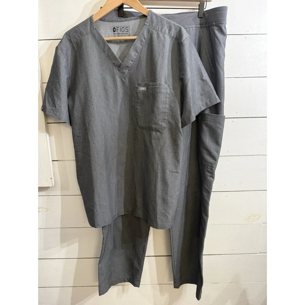 Figs Scrubs Light GRAY 2 Piece‎ Set: Men's Shirt Size Large & Pants Size XL